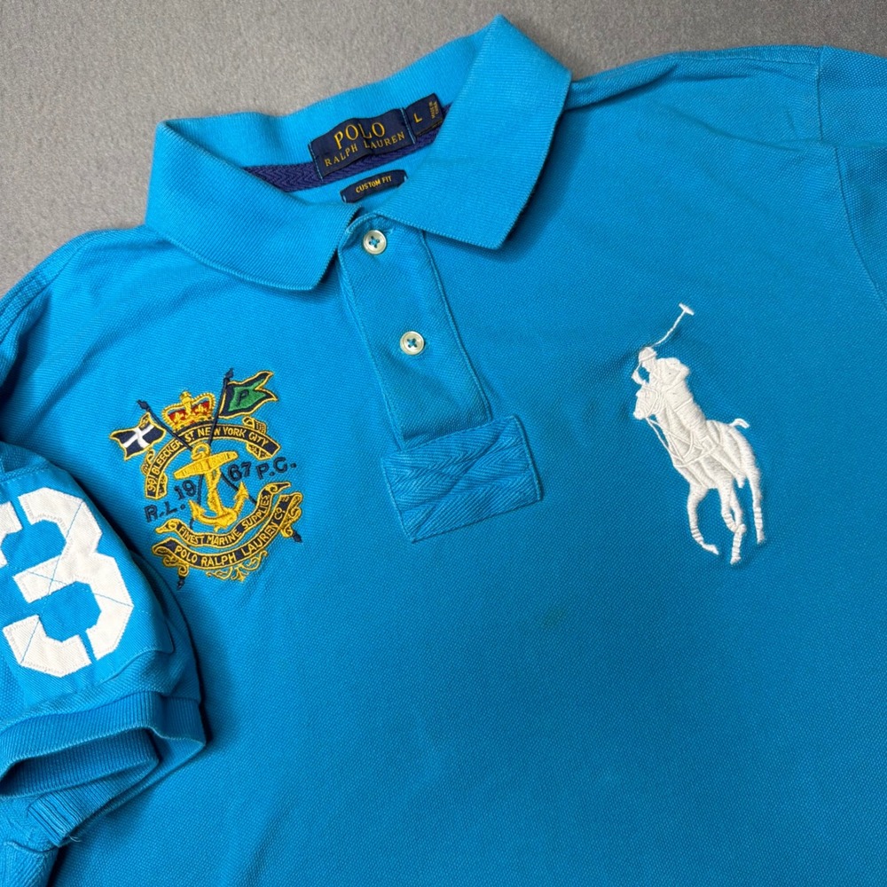 Polo Ralph Lauren Polo Shirt Mens L Blue Big Pony Nautical Crest Custom Fit